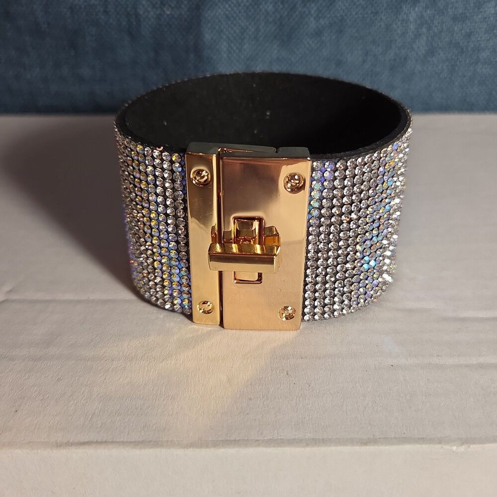 Rhinestone Wide Cuff Bracelet AB Crystal Gold Tone Y2K Glam Style NWOT - Picture 14 of 16